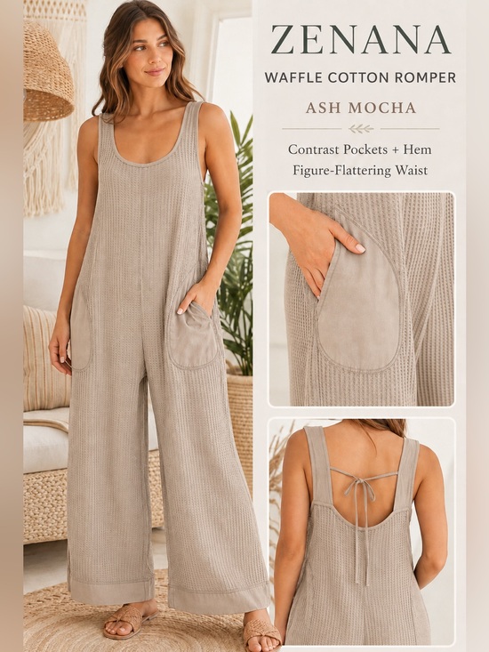 Zenana Outfitters Pants - Zenana Outfitters Ash Mocha Waffle Cotton Sleeveless Romper